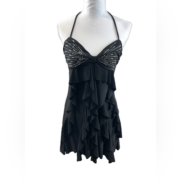 Y2k Bedazzled Babydoll Halter Ruffle Bodycon Going Out Mini Dress Whimsigoth - Picture 2 of 8